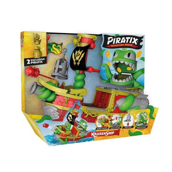 Barco del kraken de piratix shark treasure, incluye 2 piratix exclusivos, 1 moneda exclusiva, 2 accesorios y 6 monedas gold