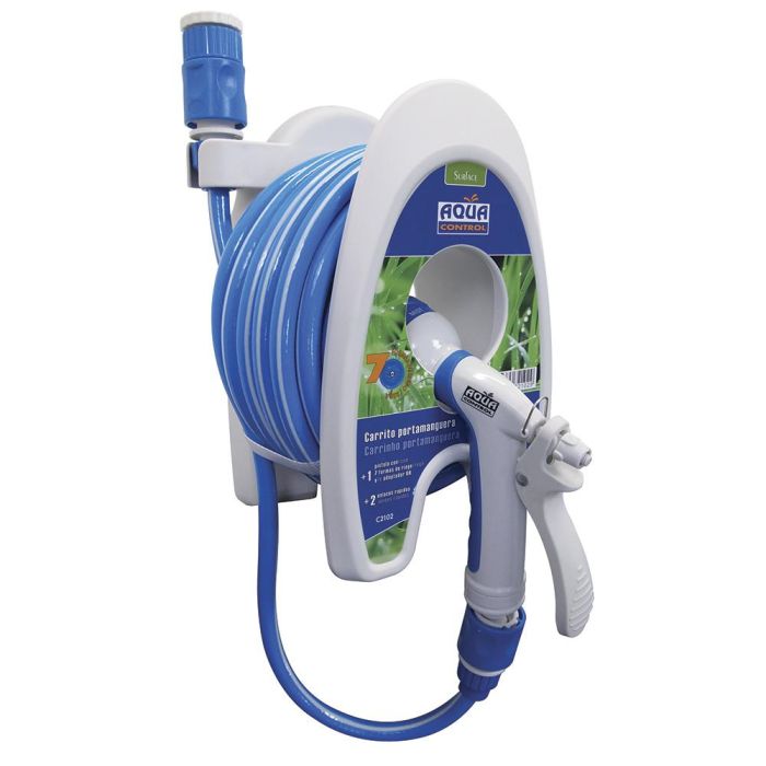 Aqua Control Carrito Portamanguera Especial Terrazas 10m PVC con Pistola 7 Formas Riego, 2 Conectores y Adaptador 10
