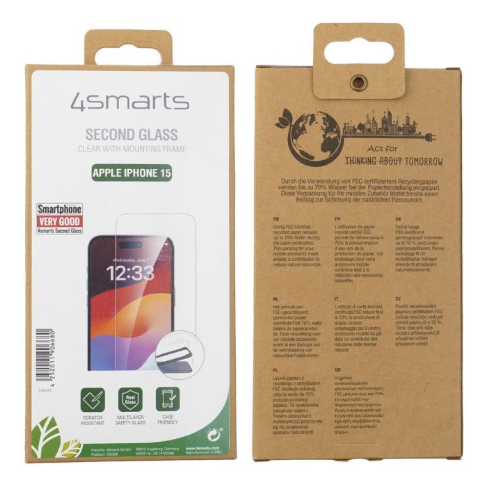 4smarts 540595 Protector de Pantalla de Vidrio Templado para iPhone 15 Transparente Resistente a Rayones y A Prueba de Balas con Marco de Montaje 1