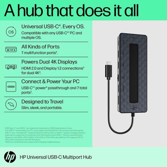 HP Universal USB-C Multiport Hub con 7 Puertos, Passthrough de Datos y Alimentación, Soporte Dual 4K HDMI 2.0 y DisplayPort 1.2 para PC 5