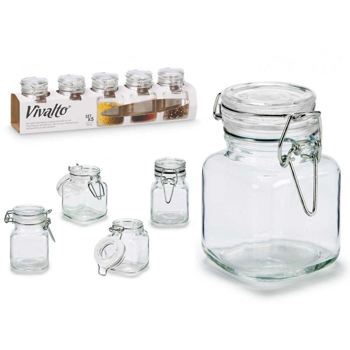 Vivalto Set de 5 Tarros de Vidrio Transparente con Cierre Hermético 90 ml, Medidas del Set 30.5 x 8.2 x 6.5 cm (12 Unidades) Vivalto Set de 5 Tarros de Vidrio Transparente con Cierre Hermético 90 ml, Medidas del Set 30.5 x 8.2 x 6.5 cm (12 Unidades)