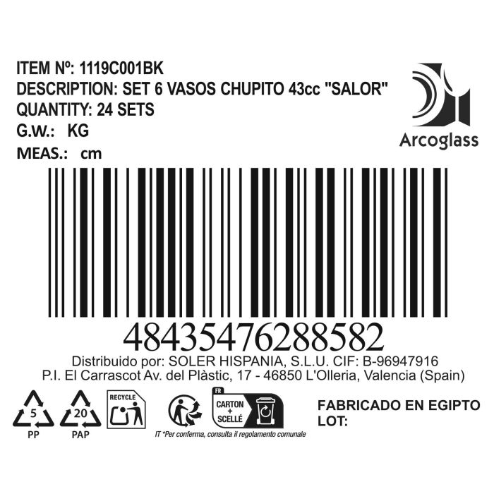 Set de 6 vasos chupito Salor 43 cc - Inde (12 Cajas) 4 Set de 6 vasos chupito Salor 43 cc - Inde (12 Cajas) 4