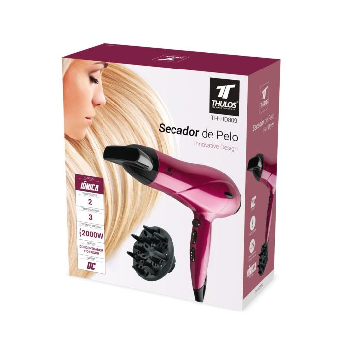 Thulos Secador de Pelo TH-HD809 1600-2000W, Función Iónica, Motor DC, 2 Velocidades, 3 Temperaturas, Concentrador y Difusor 4