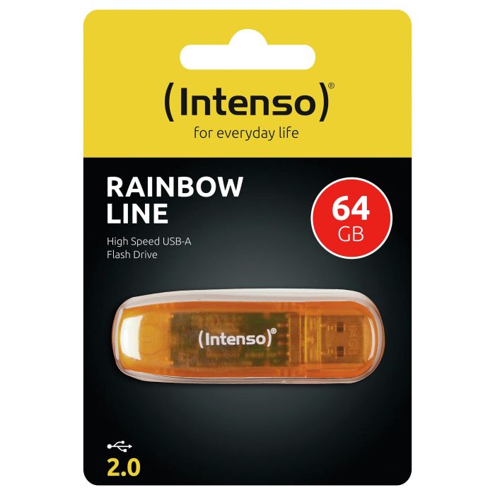 Intenso 3502490 Memoria USB 2.0 Lápiz Rainbow 64 GB Almacenamiento, Color Naranja Transparente