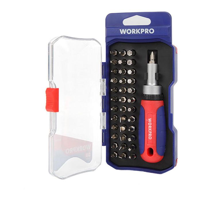 Workpro Destornillador de carraca 38 piezas con puntas planas, Phillips, cuadradas, Pozidrive, Torx y Allen 1 Workpro Destornillador de carraca 38 piezas con puntas planas, Phillips, cuadradas, Pozidrive, Torx y Allen 1
