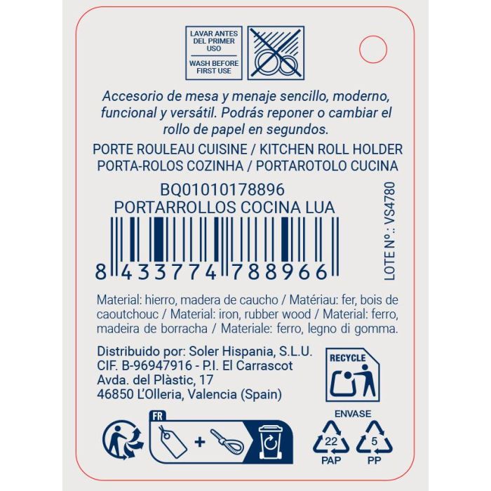 Inde - Portarrollos Cocina Lua Quttin, Organizador de Cocina en Acero, 15 x 15 x 31 cm (24 Unidades)