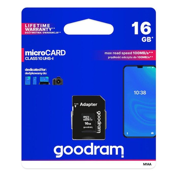 Goodram M1AA-0160R12 Tarjeta de Memoria Micro SDHC 16GB Clase 10 UHS-I con Adaptador SD hasta 100 MB/s 2