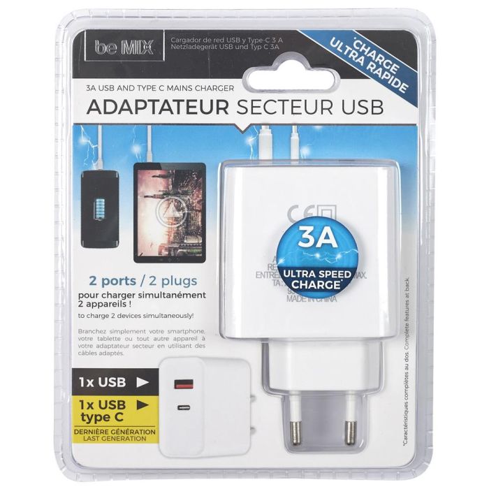 Be Mix Adaptador Enchufe USB Tipo C High Tech Carga Ultra Rápida Doble Puerto 9x3x5.5 cm 0 Be Mix Adaptador Enchufe USB Tipo C High Tech Carga Ultra Rápida Doble Puerto 9x3x5.5 cm 0