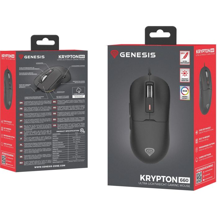 GENESIS Krypton 660 Ratón Gaming Óptico 12000 DPI 49g Ultraligero USB Cable Paracord Mano Derecha Interruptores Huano 90M Clics 5 GENESIS Krypton 660 Ratón Gaming Óptico 12000 DPI 49g Ultraligero USB Cable Paracord Mano Derecha Interruptores Huano 90M Clics 5