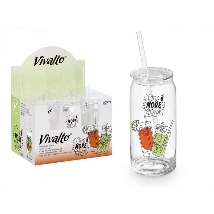 Vaso con tapa y pajita de cristal One More Drink 600 ml Vivalto - 7.6x16.7x7.6 cm (24 Unidades) Vaso con tapa y pajita de cristal One More Drink 600 ml Vivalto - 7.6x16.7x7.6 cm (24 Unidades)