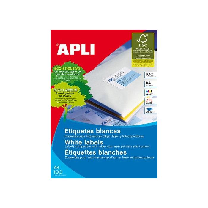 Apli Etiquetas Adhesivas 70x33,8 mm Blanco para Inkjet y Láser, Pack de 100 Hojas (2.400 Etiquetas)