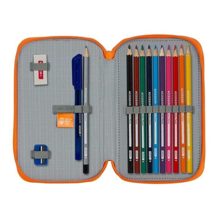 Safta Plumier Doble Valencia Basket, 28 piezas, Poliéster 600D. Estuche escolar 12,5x19,5x4cm. Azul y Naranja, +3 años. 2