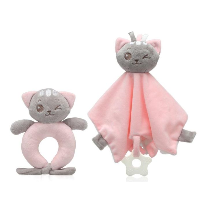 KioKids Set Doudou y Sonajero Gatito Rosa Suave, para Bebé +0 Meses con Mordedor y Sonidos, ayuda a conciliar el sueño 2