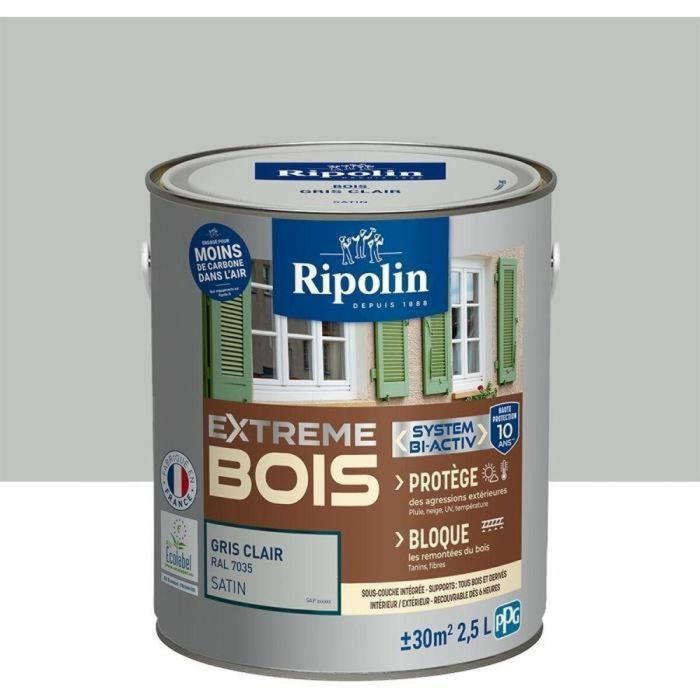 Ripolin Ral 7035 Pintura Madera Interiores y Exteriores, Gris Claro Satinado 2.5L. Aplicación Directa, Resistente. 3