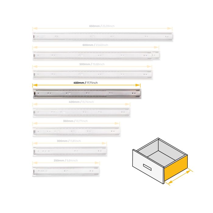 Emuca Juego de guías de bolas para cajones con extracción total, altura 45mm, longitud 450mm, Acero, Cincado 6