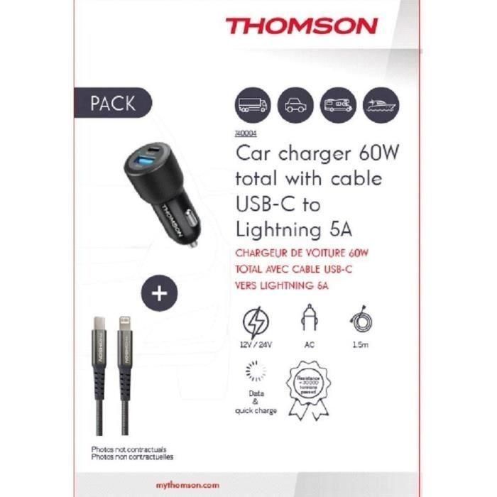 Pack cargador + cable - THOMSON - Cargador de coche 60 W - Cable C a L 5A - Longitud 1,5 m 1 Pack cargador + cable - THOMSON - Cargador de coche 60 W - Cable C a L 5A - Longitud 1,5 m 1