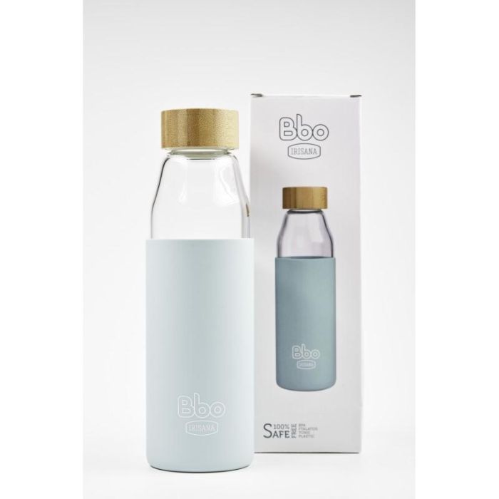 IRISANA Botella de Agua Reutilizable de Borosilicato con Tapón de Bambú y Funda de Silicona Azul 500 ml