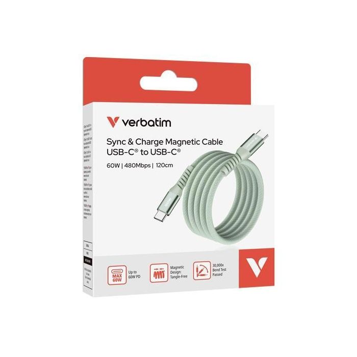 Verbatim Cable Magnético USB-C a USB-C Verde 1.20m - Soporta PD 3.0, QC 3.0, 480Mbps, 60W