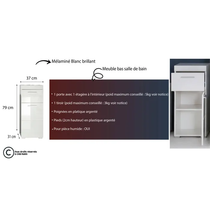 Trendteam Mueble bajo de baño AMANDA TRE4251014141968 - 1 puerta + 1 cajón - Blanco - L37 x P31 x H79 cm 3