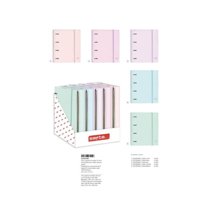 Carpeta 4 Anillas 35 mm Safta Din A4 Tapa Forrada Recambio 100 H Cuadro 5 mm Stationery Expositor 10 Unidades Surtidas 1