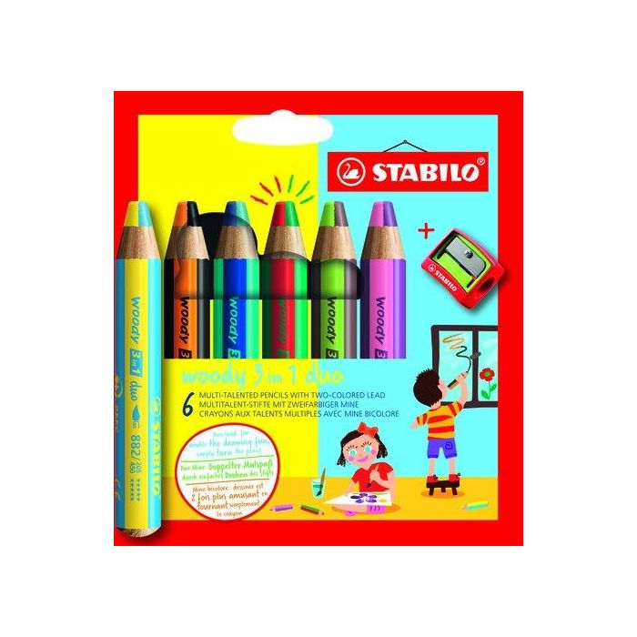 Lapices De Colores Stabilo Woody 3 En 1 Duo Surtido Estuche De 6 + Afilalapiz