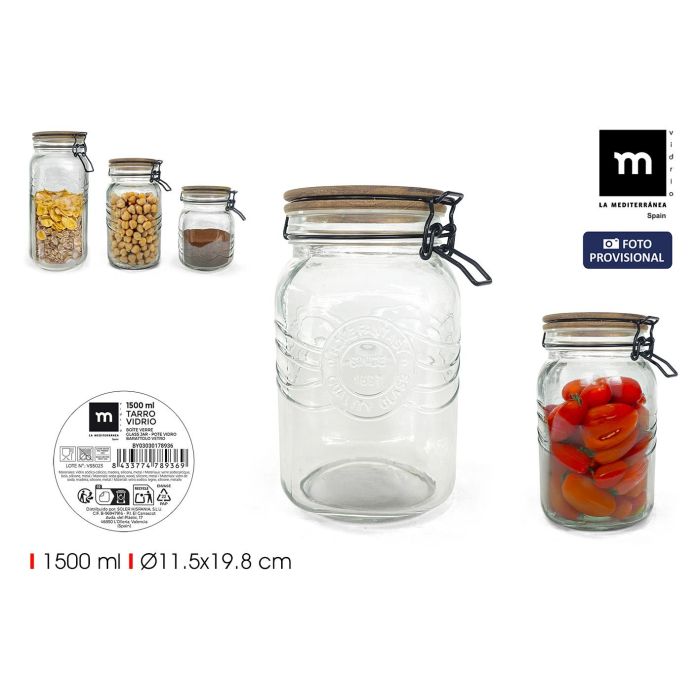La Mediterranea Tarro de Vidrio con Tapa de Acacia 1500 ml (12 Unidades)