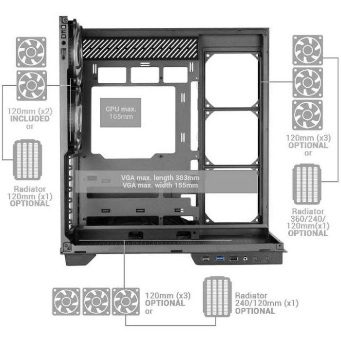 Mars Gaming MC-3GF Caja Gaming Torre Panorámica Triple Cristal Templado ARGB con 2 Ventiladores, Montaje Vertical GPU y Soporte Líquida 360mm 1