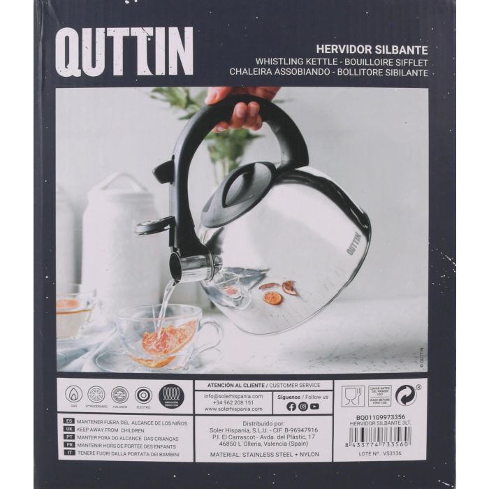 Quttin Hervidor Silbante 3 Litros, 20 cm Ancho x 22 cm Alto x 20 cm Largo, 4.72 kg (6 Unidades) 7