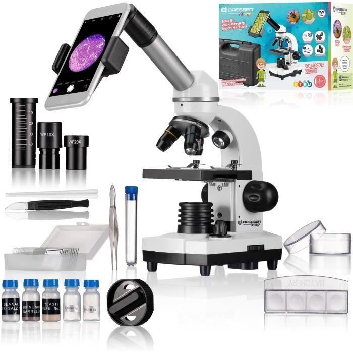 Microscopio Biolux SEL con sistema de zoom - BRESSER JUNIOR - aumento 40x-1600x - soporte para smartphone - caja rígida blanca