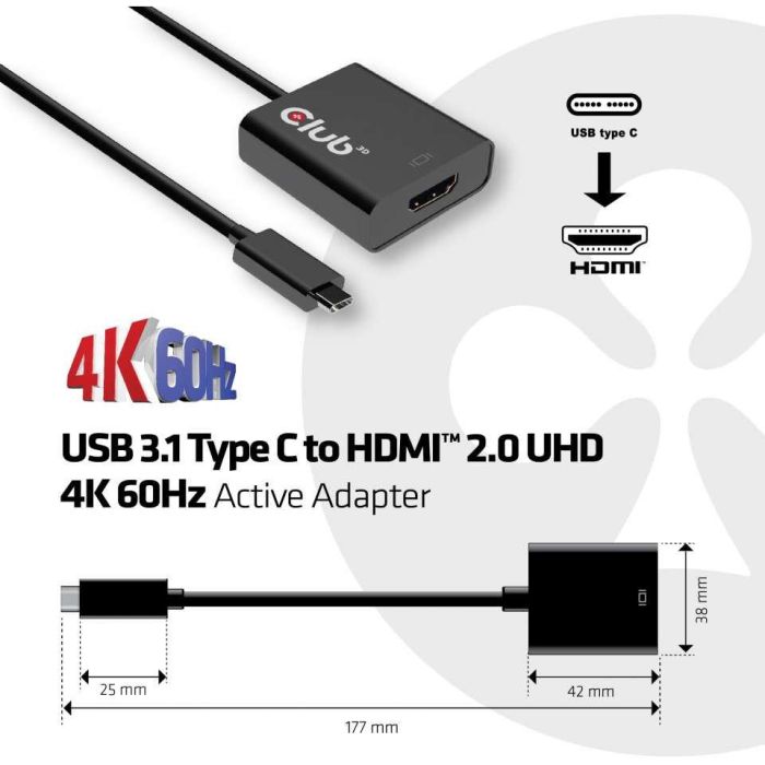 Club 3D Adaptador USB 3.1 Tipo C a HDMI 2.0 UHD 4K 60Hz HDR Activo Negro St/Bu 2 Club 3D Adaptador USB 3.1 Tipo C a HDMI 2.0 UHD 4K 60Hz HDR Activo Negro St/Bu 2