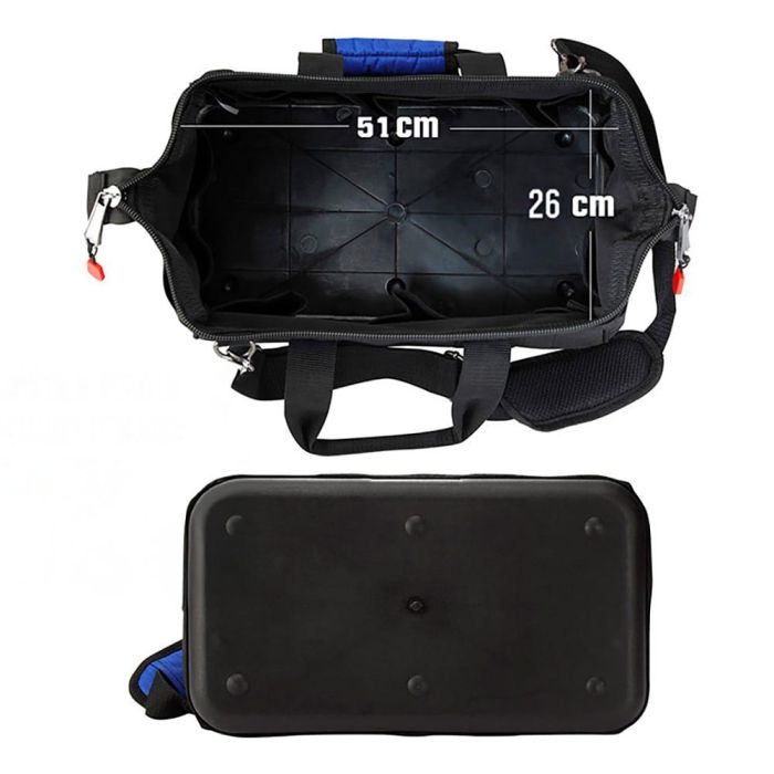 Workpro Bolsa de Herramientas con Cremallera, 21 Bolsillos, Base Impermeable, Boca Ancha, 51x26x29 cm, Negra y Azul 3