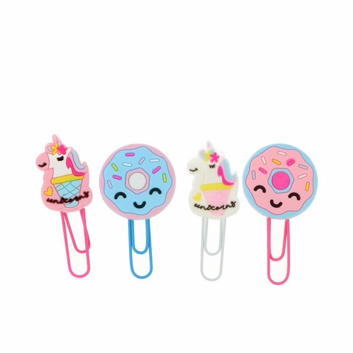 Inca Clips Decorativos Unicornios y Donuts de Silicona, Set de 4 Unidades Grandes 6 cm para Documentos, Vuelta al Cole y Oficina