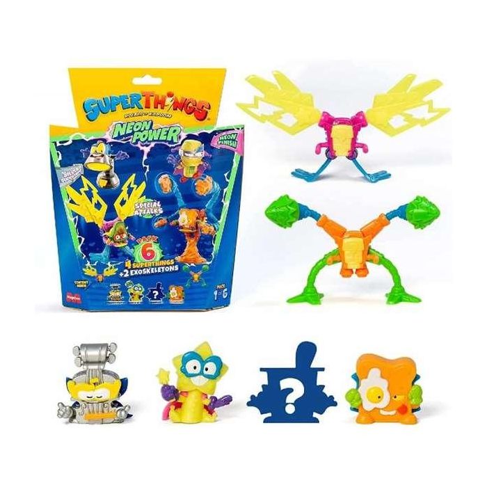 Superthings Pack 6 Figuras de Acción Neon Power - Incluye 4 Superthings y 2 Exoskeletons, Modelos Surtidos