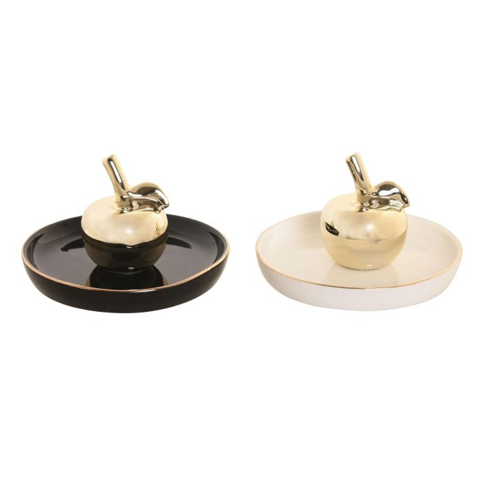 DKD Home Decor Anillero Manzana Glam Porcelana Surtido Blanco Negro Dorado 13x7.5x13 cm (6 Unidades)