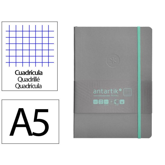 Cuaderno Con Gomilla Antartik Notes Tapa Blanda A5 Hojas Cuadricula Gris Y Turquesa 80 Hojas 80 gr Fsc