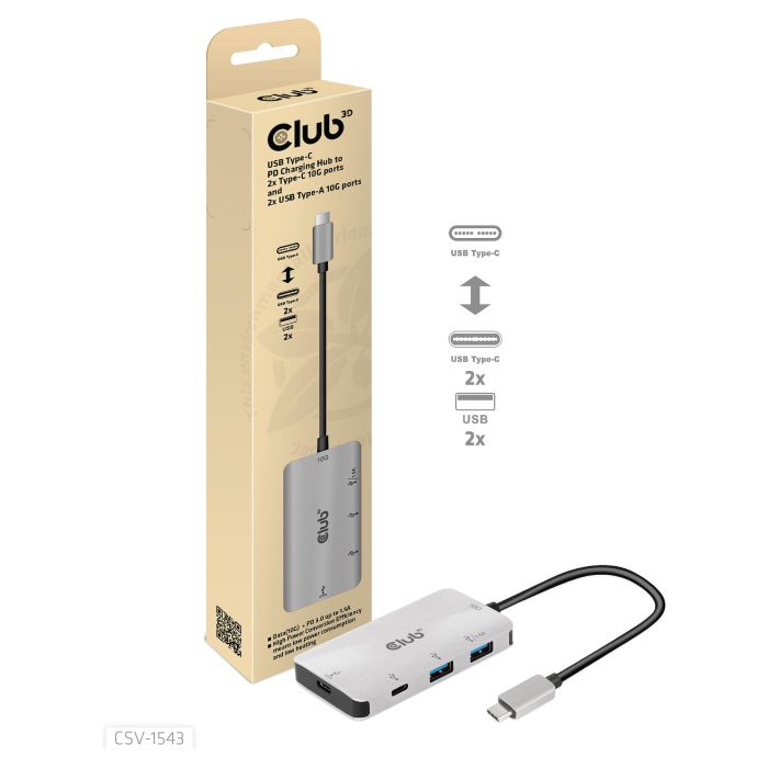Club 3D CSV-1543 Adaptador Hub USB-C a 2x USB-C + 2x USB-A 3.2 Gen 2 con Carga de 100 W, Plata y Negro Club 3D CSV-1543 Adaptador Hub USB-C a 2x USB-C + 2x USB-A 3.2 Gen 2 con Carga de 100 W, Plata y Negro