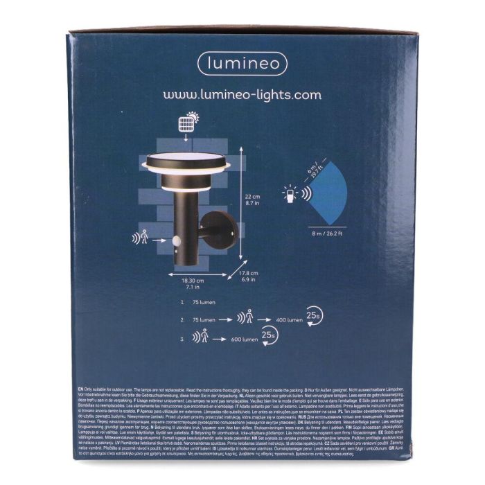 Lumineo Aplique Solar Metálico 17,8x18,3x22cm 40 LEDs Luz Cálida 75-600 Lumen 4 Lumineo Aplique Solar Metálico 17,8x18,3x22cm 40 LEDs Luz Cálida 75-600 Lumen 4