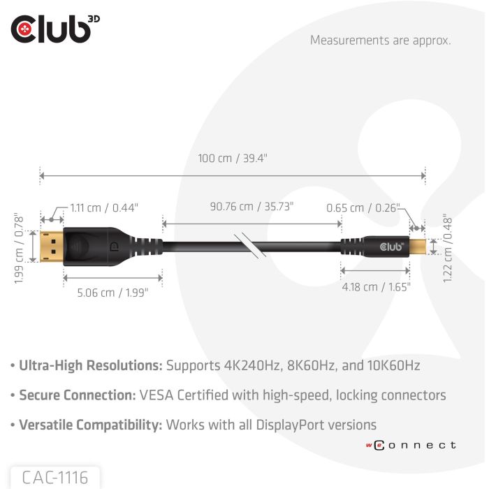 Club3D DP80 Cable Mini DisplayPort a DisplayPort 2.1 Bidireccional VESA, 1m, 10K 60Hz St/St, Digital/Video 2