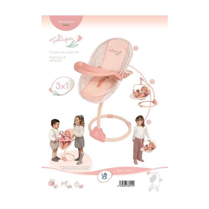 Decuevas Trona Columpio Tulipe 3x1 para Muñecas hasta 50 cm, 30x31x60 cm
