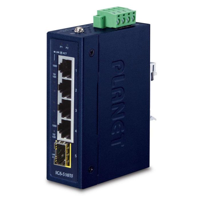Planet IGS-510TF Switch Industrial Gigabit Ethernet 4 Puertos 10/100/1000T + 1 SFP 100/1000X Capa 2 para Fibra Óptica Entornos Exigentes Planet IGS-510TF Switch Industrial Gigabit Ethernet 4 Puertos 10/100/1000T + 1 SFP 100/1000X Capa 2 para Fibra Óptica Entornos Exigentes