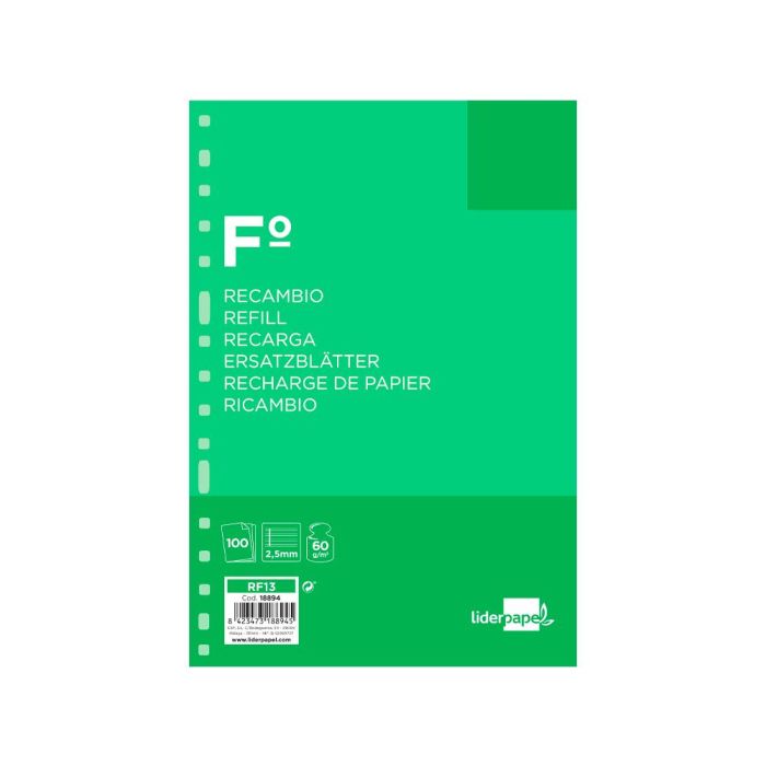 Recambio Liderpapel Folio 100 Hojas 60 gr-M2 Pauta 5ª 2.5 mm Con Margen 16 Taladros 2