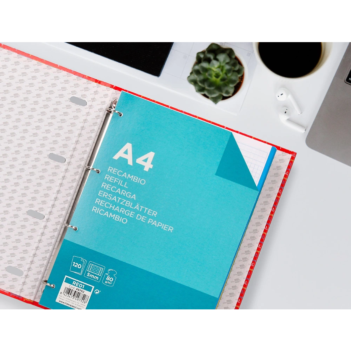 Liderpapel Carpeta con Recambio A4 Cuadro 5mm Forrada 4 Anillas 20mm con 120 Hojas 80g 9