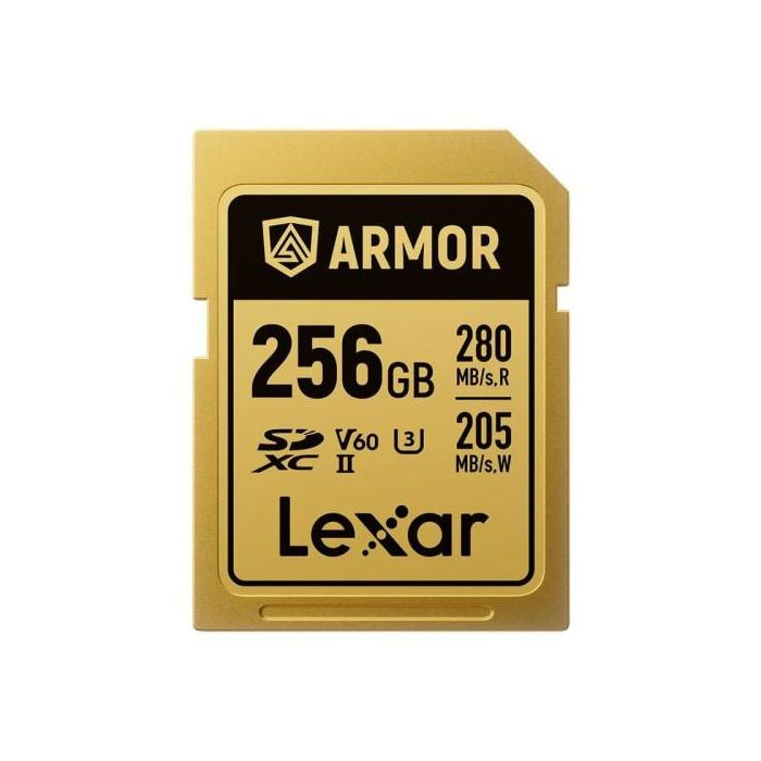 Lexar LSDAMGL256G-RNNNG Tarjeta SDXC Profesional Armor Gold de 256GB UHS-II Clase 10 V60 U3, Velocidad Lectura 280MB/s, Escritura 210MB/s, Carcasa Acero Inoxidable, IP68