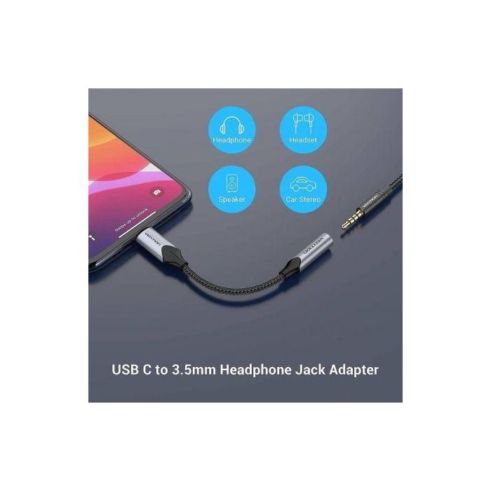 Adaptador Audio Vention BGMHA/ Jack 3.5 Hembra - USB Tipo-C Macho/ 10cm/ Gris 1