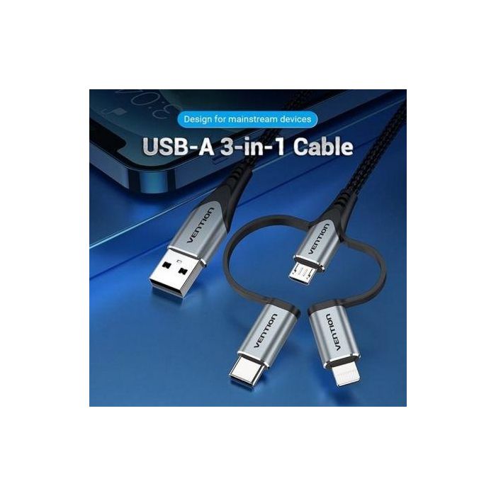 Cable USB 2.0 Tipo-C Vention CQJHF/ USB Macho/ USB Tipo-C Macho - MicroUSB Macho - Lightning Macho/ 480Mbps/ 1m/ Gris 1