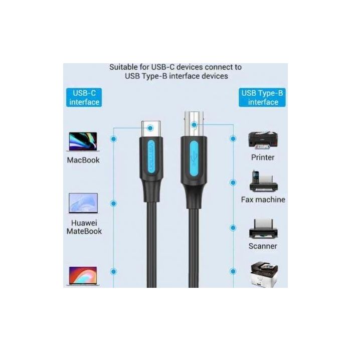 Cable USB 2.0 Impresora Vention CQUBF/ USB Tipo-B Macho - USB Tipo-C Macho/ 480Mbps/ 1m/ Negro 1