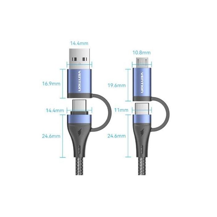 Cable USB 2.0 Tipo-C Vention CTLLF/ USB Tipo-C Macho - USB Macho/ MicroUSB Macho - USB Tipo-C Macho/ Hasta 100W/ 480Mbps/ 1m/ Negro y Azul 4