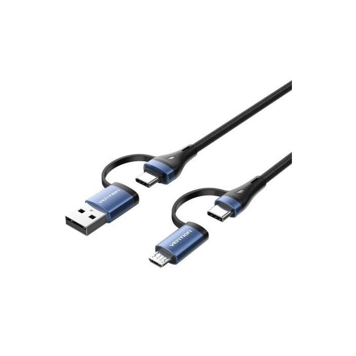 Cable USB 2.0 Tipo-C Vention CTLLF/ USB Tipo-C Macho - USB Macho/ MicroUSB Macho - USB Tipo-C Macho/ Hasta 100W/ 480Mbps/ 1m/ Negro y Azul