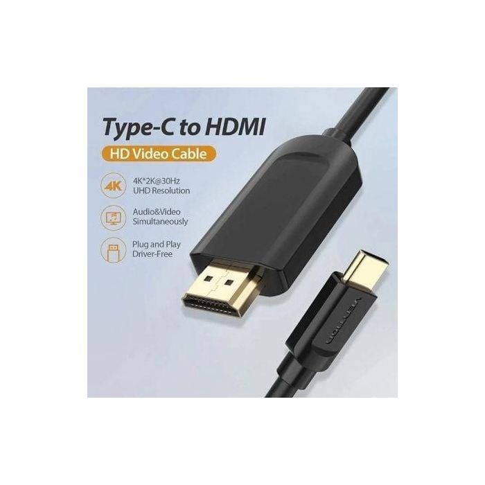 Cable Conversor HDMI 1.4 4K Vention CGUBI/ USB Tipo-C Macho - HDMI Macho/ 3m/ Negro 3