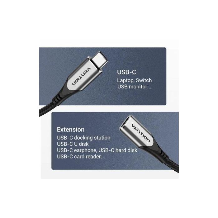 Cable Alargador USB 3.1 Tipo-C Vention TABHF/ USB Tipo-C Macho - USB Tipo-C Hembra/ Hasta 60W/ 5Gbps/ 1m/ Gris 3